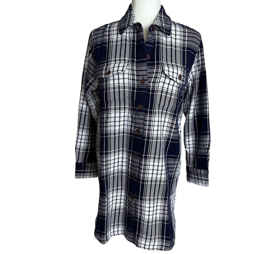 Outerknown Blanket Shirt Dress Navy Plaid Long Sleeve Button Down Women's Sz XS